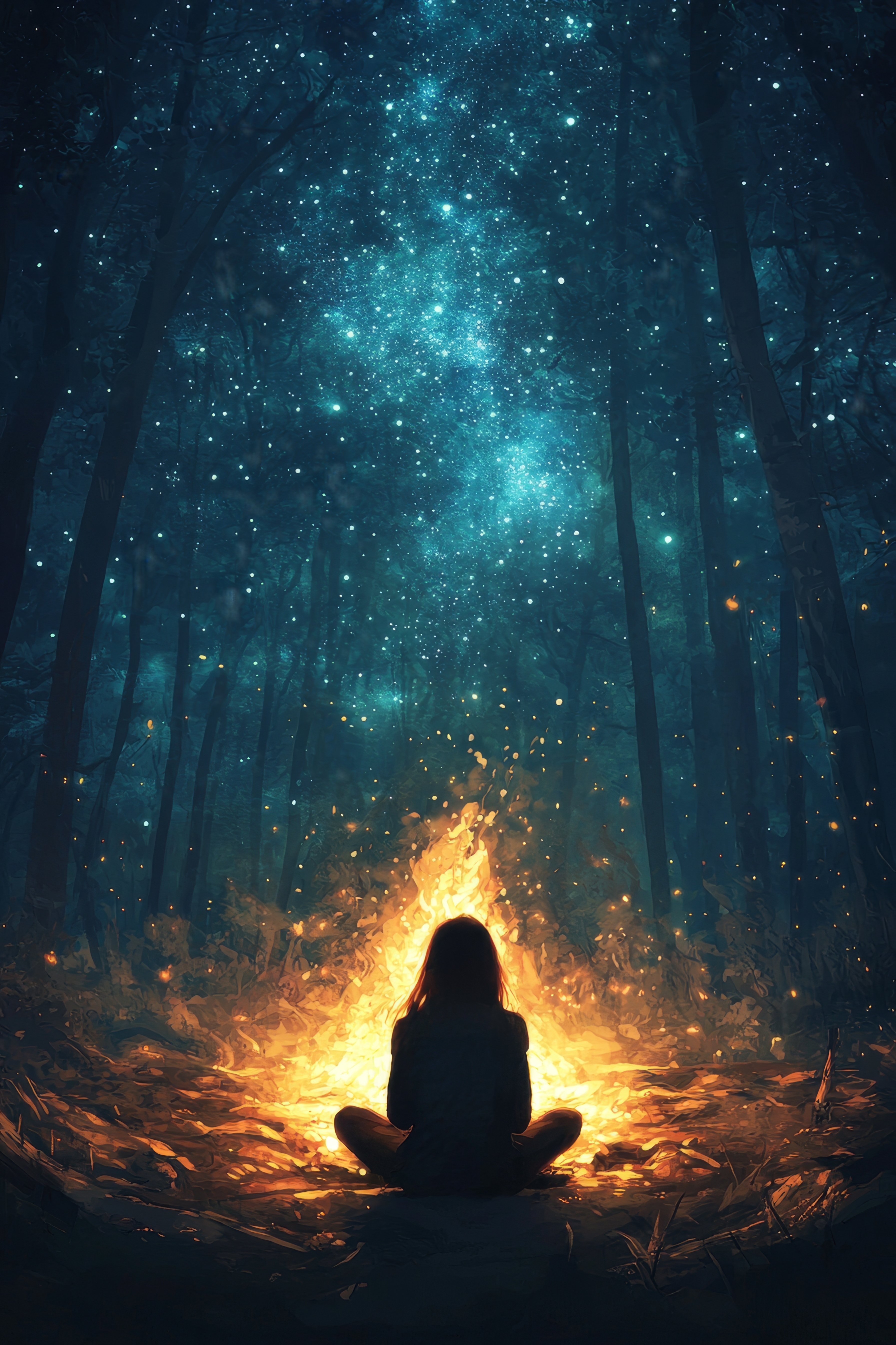 woman-meditating-forest-by-fire-starry-sky