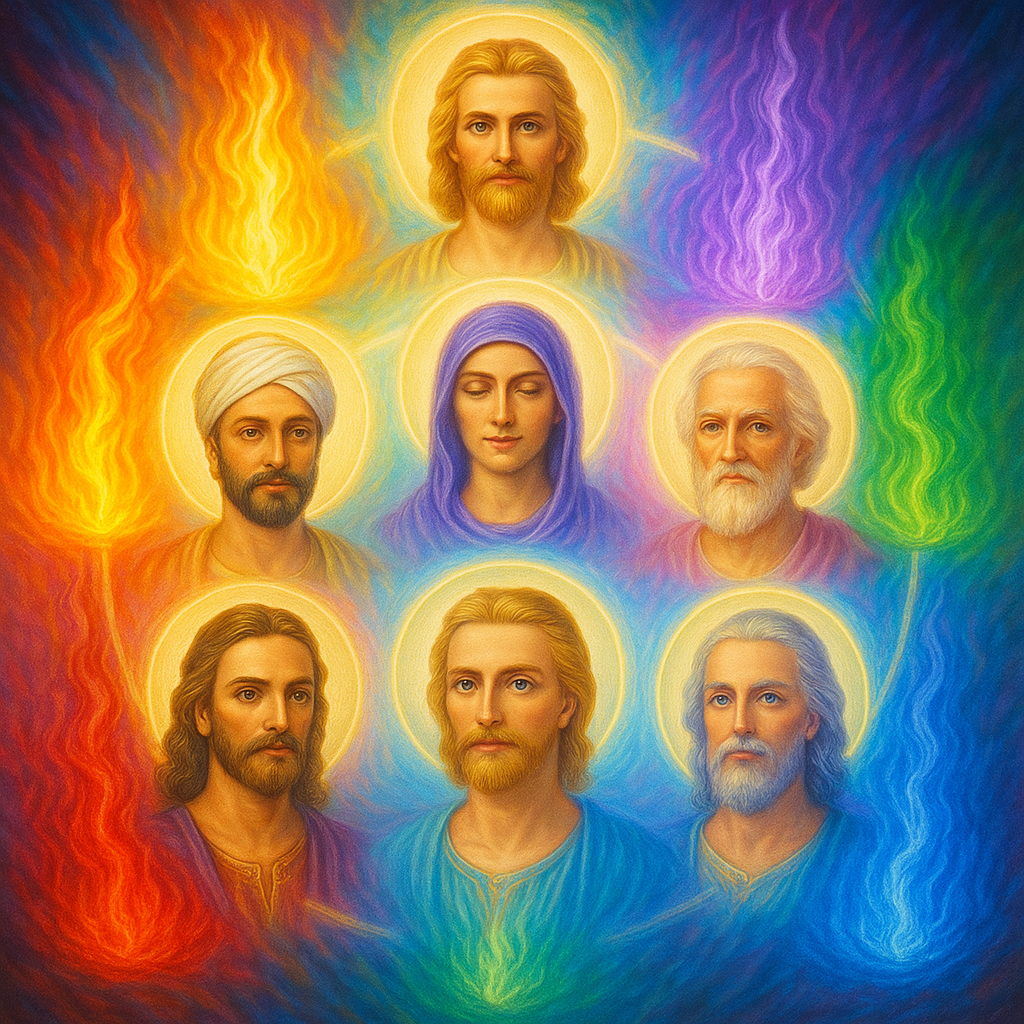 Ilustração vibrante das sete chamas sagradas, cada