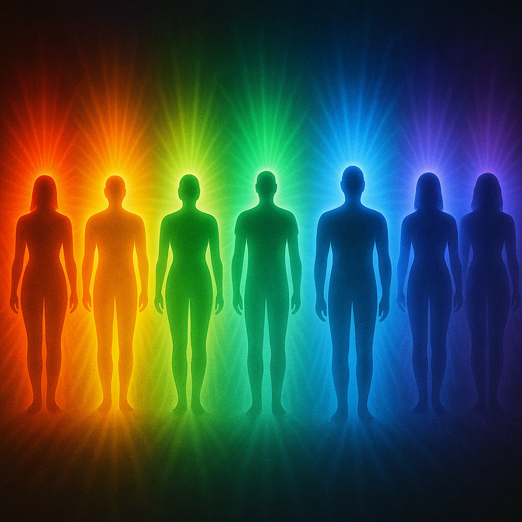 Imagem representando silhuetas humanas com auras e